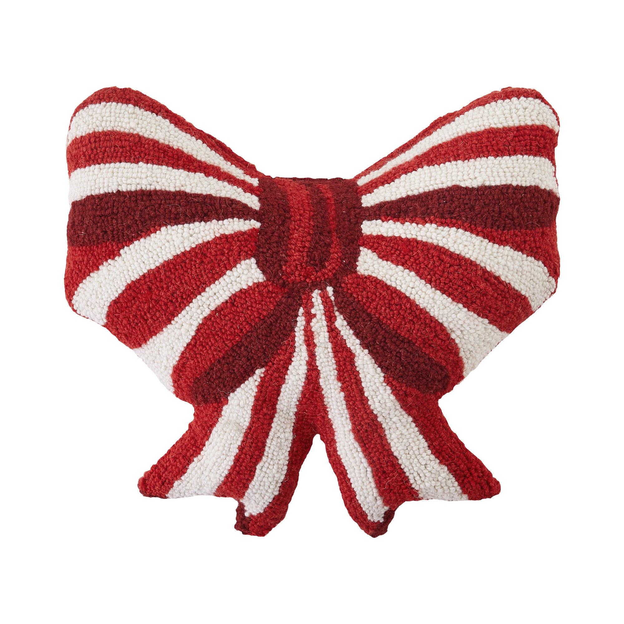 Shaped Red & White Bow Hooked Wool Christmas Throw Pillow, 16x16 inch, front view