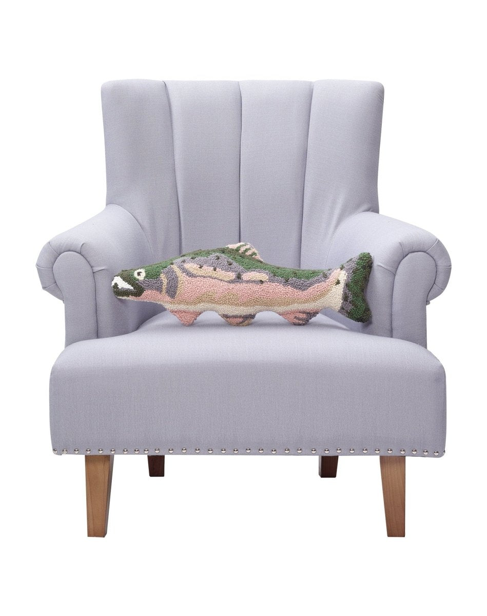 Shaped Salmon Hooked Wool Throw Pillow on an armchair, showing the throw pillow at room scale, 8x22 inch