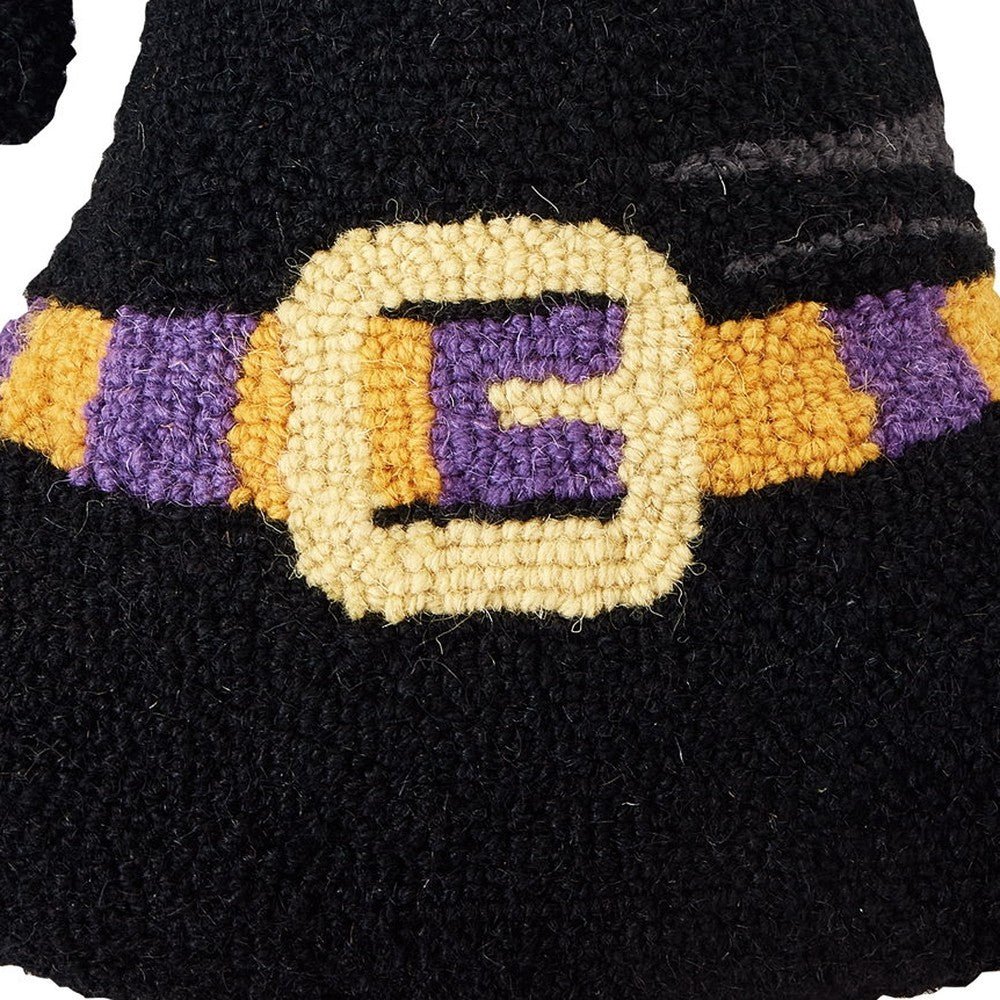 Closeup of Shaped Witch Hat Hooked Wool Halloween Throw Pillow showing stitch texture and craftsmanship detail