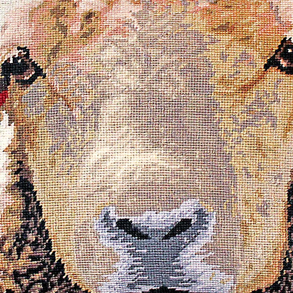 Sheep Rustic Farm Lodge pillow fabric closeup showing hand-embroidered needlepoint wool texture and color detail