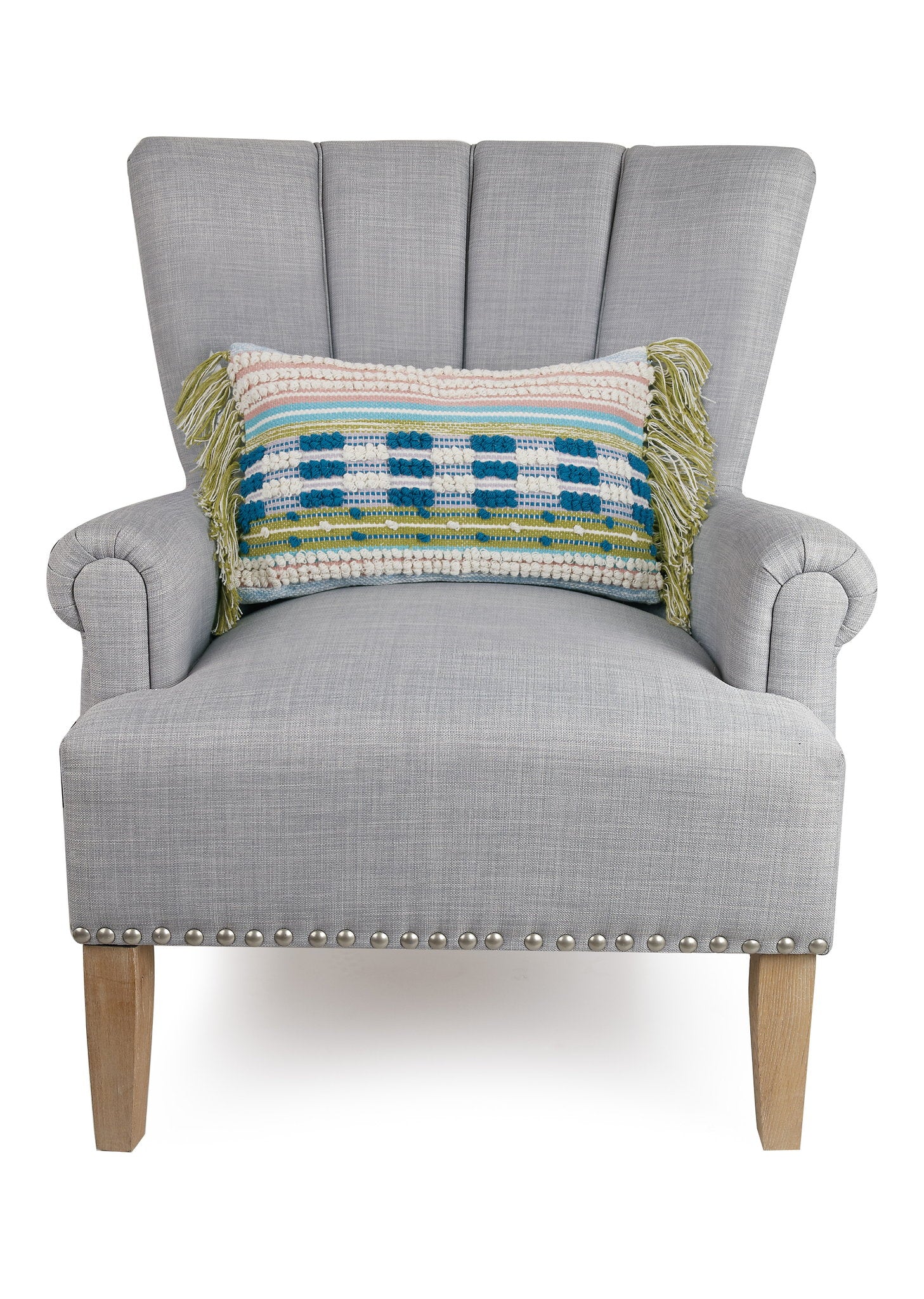 Shelby Decorative Woven Throw Pillow on an armchair, showing the throw pillow at room scale, 12x18 inch
