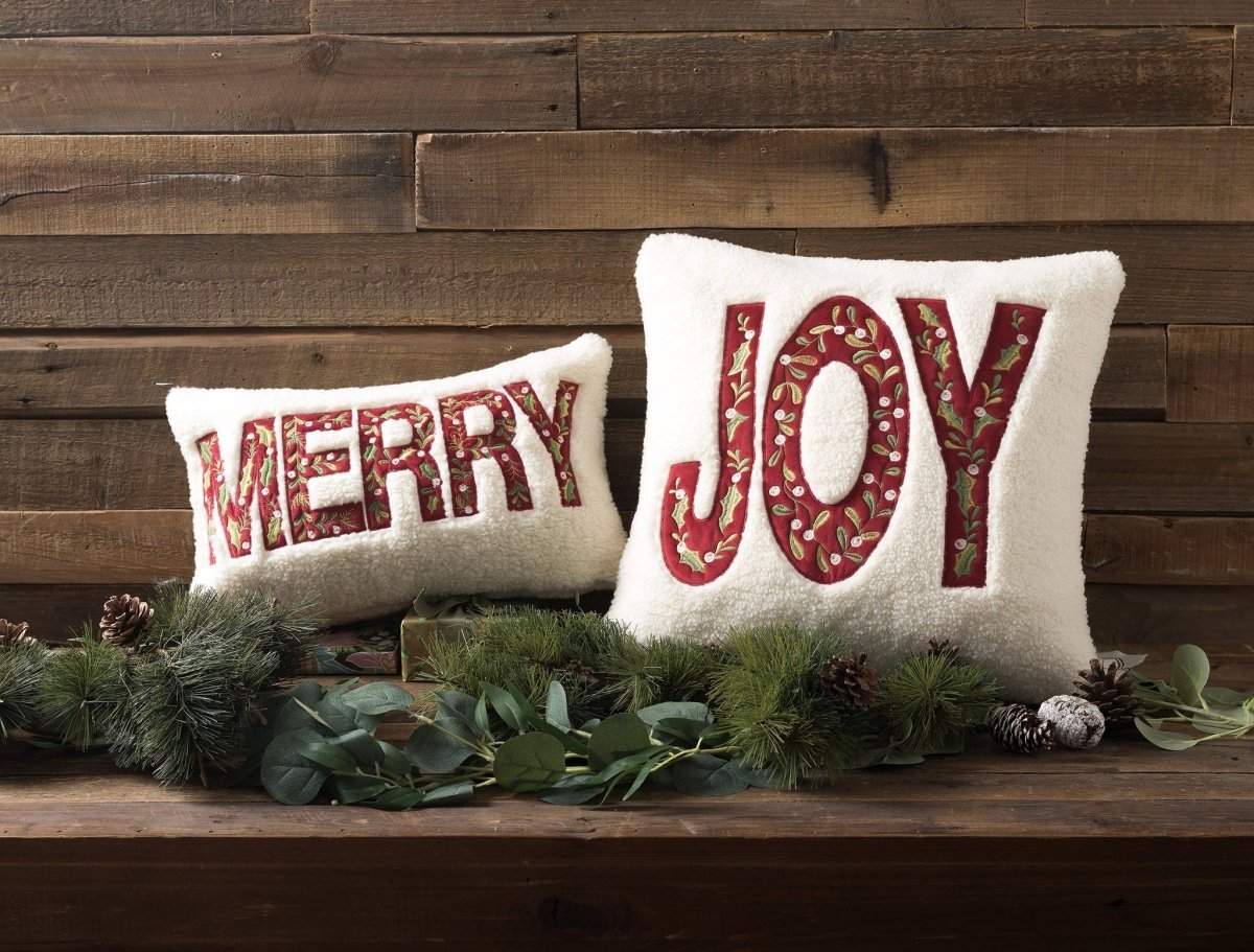Sherpa Joy Embroidered Christmas Throw Pillow shown alongside other designs in the same collection, 16x16 inch