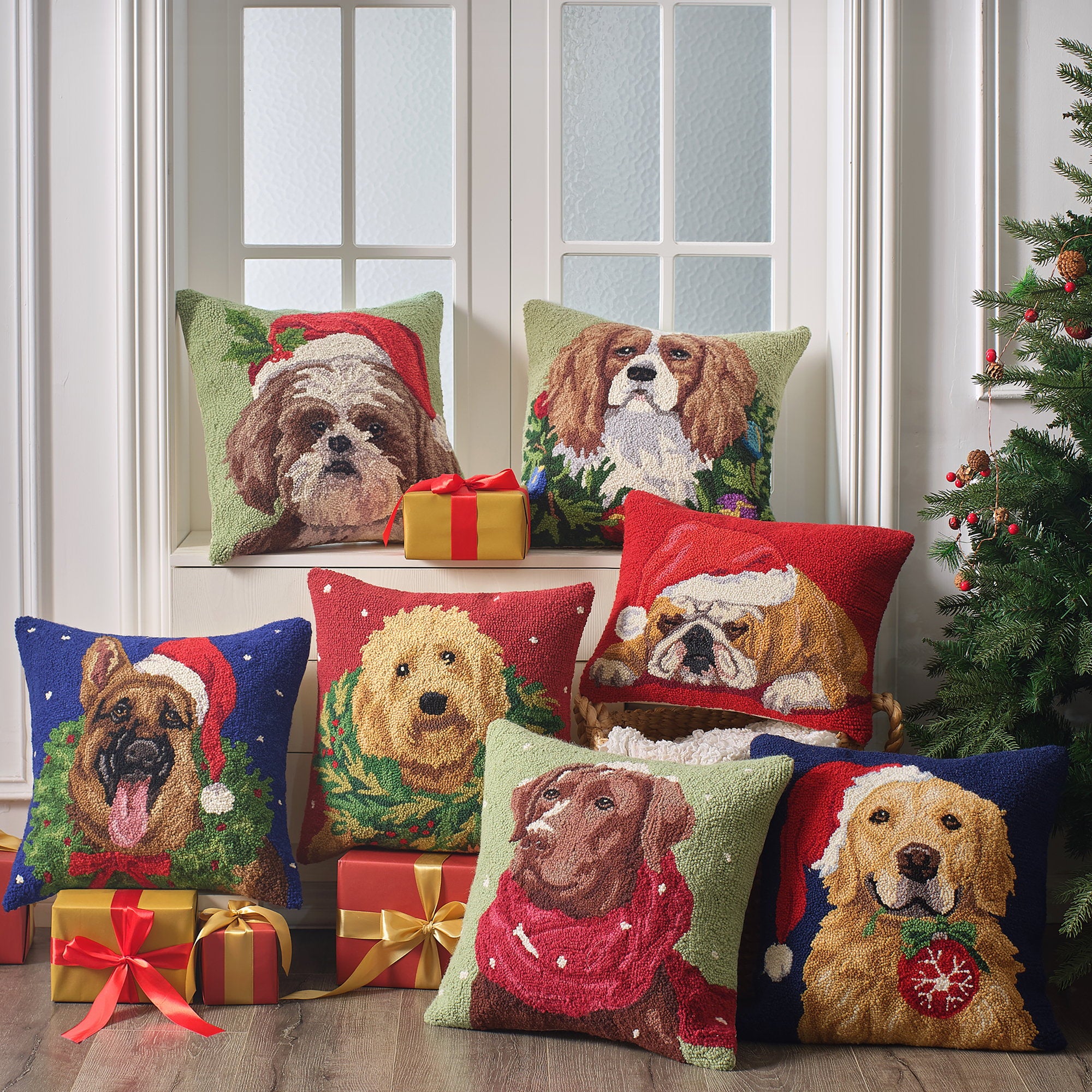 Shih Tzu Hooked Wool Christmas Throw Pillow shown alongside other designs in the same collection, 18x18 inch