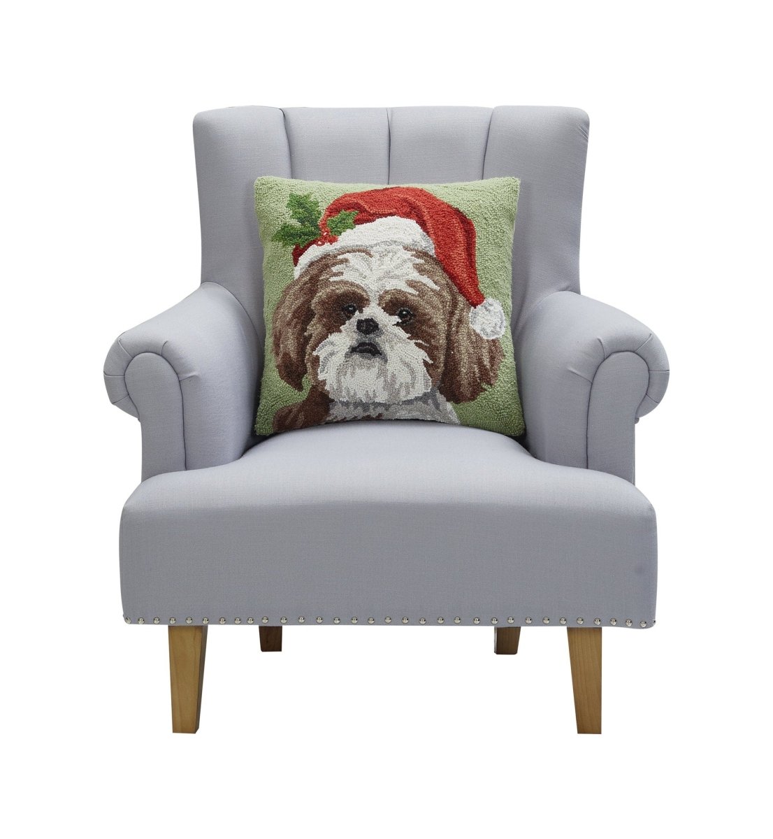 Shih Tzu Hooked Wool Christmas Throw Pillow on an armchair, showing the throw pillow at room scale, 18x18 inch