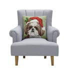 Shih Tzu Hooked Wool Christmas Throw Pillow on an armchair, showing the throw pillow at room scale, 18x18 inch