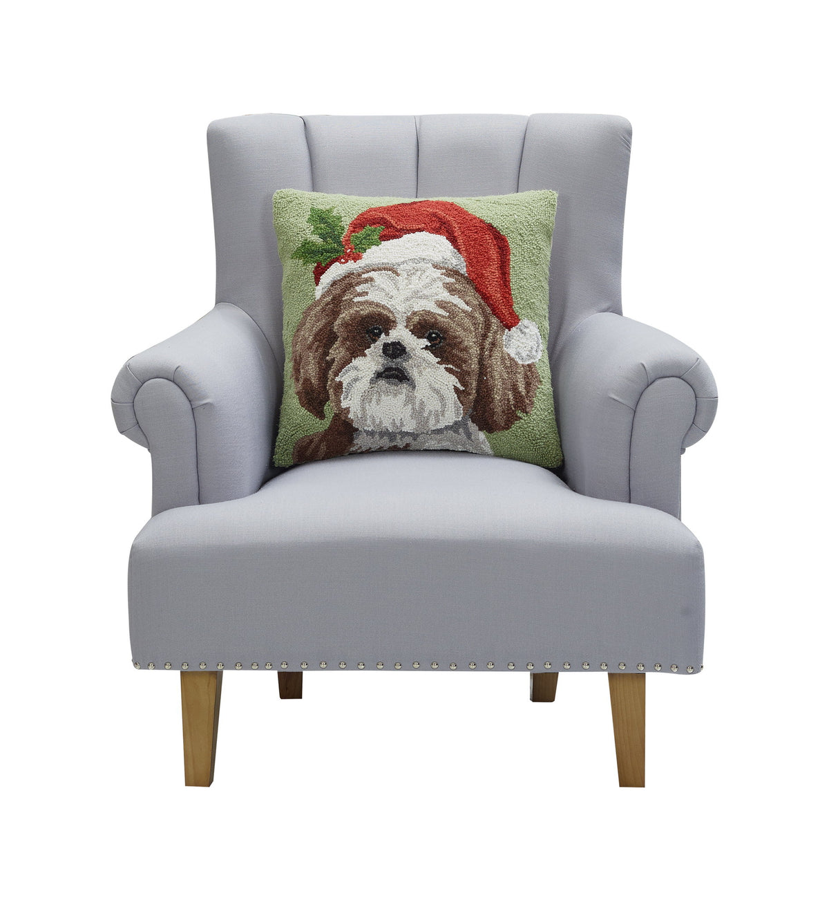 Shih Tzu Hooked Wool Christmas Throw Pillow on an armchair, showing the throw pillow at room scale, 18x18 inch