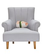 Shrimp Sushi Hooked Wool Throw Pillow on an armchair, showing the throw pillow at room scale, 8x12 inch