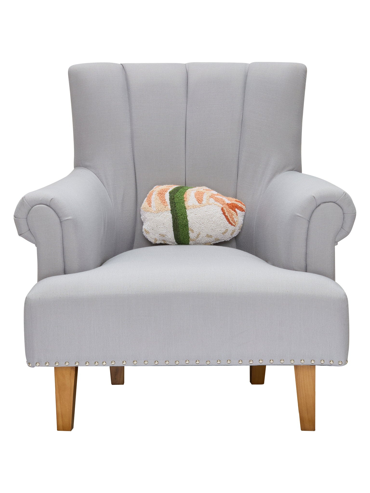 Shrimp Sushi Hooked Wool Throw Pillow on an armchair, showing the throw pillow at room scale, 8x12 inch
