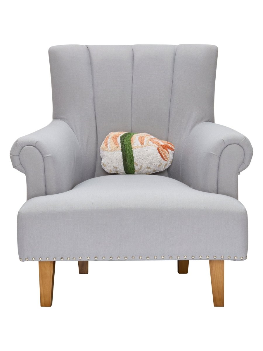 Shrimp Sushi Hooked Wool Throw Pillow on an armchair, showing the throw pillow at room scale, 8x12 inch