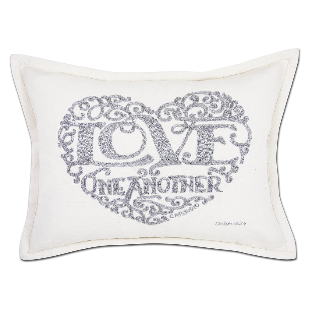 Silver Love Heart Boho Letters hand embroidered throw pillow with silver heart.