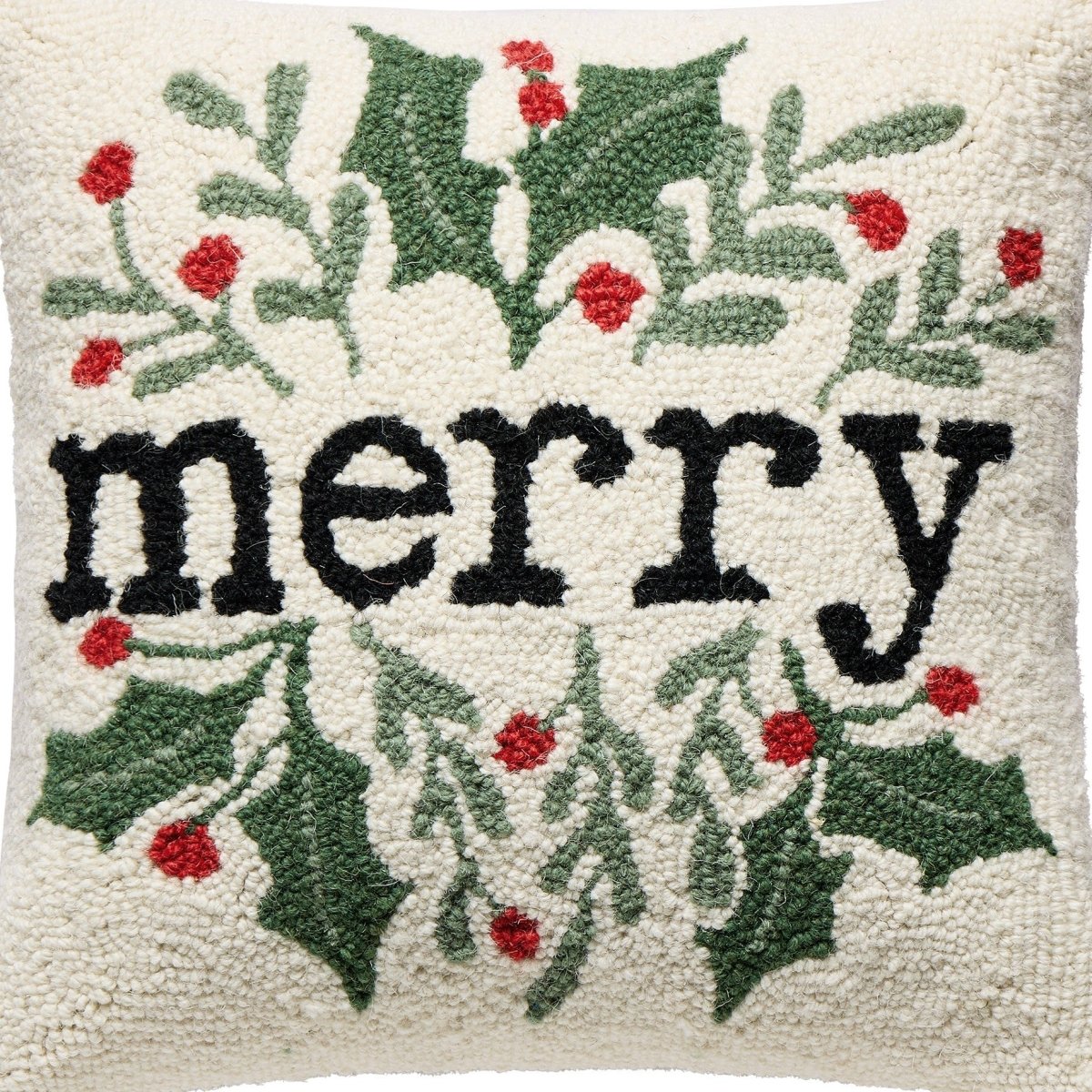 Simple Merry Foliage Hooked Wool Christmas Throw Pillow, close-up detail