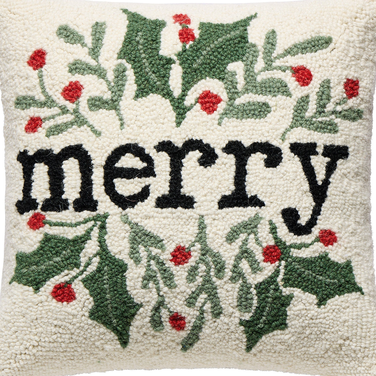 Simple Merry Foliage Hooked Wool Christmas Throw Pillow, close-up detail