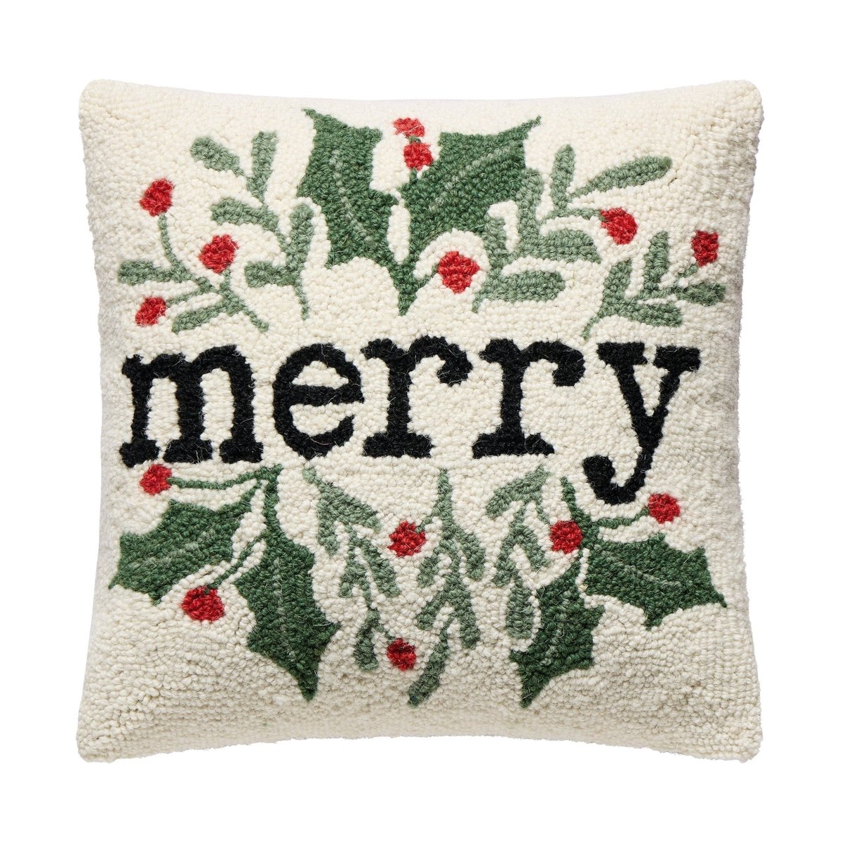 Simple Merry Foliage Hooked Wool Christmas Throw Pillow, 16x16 inch, front view