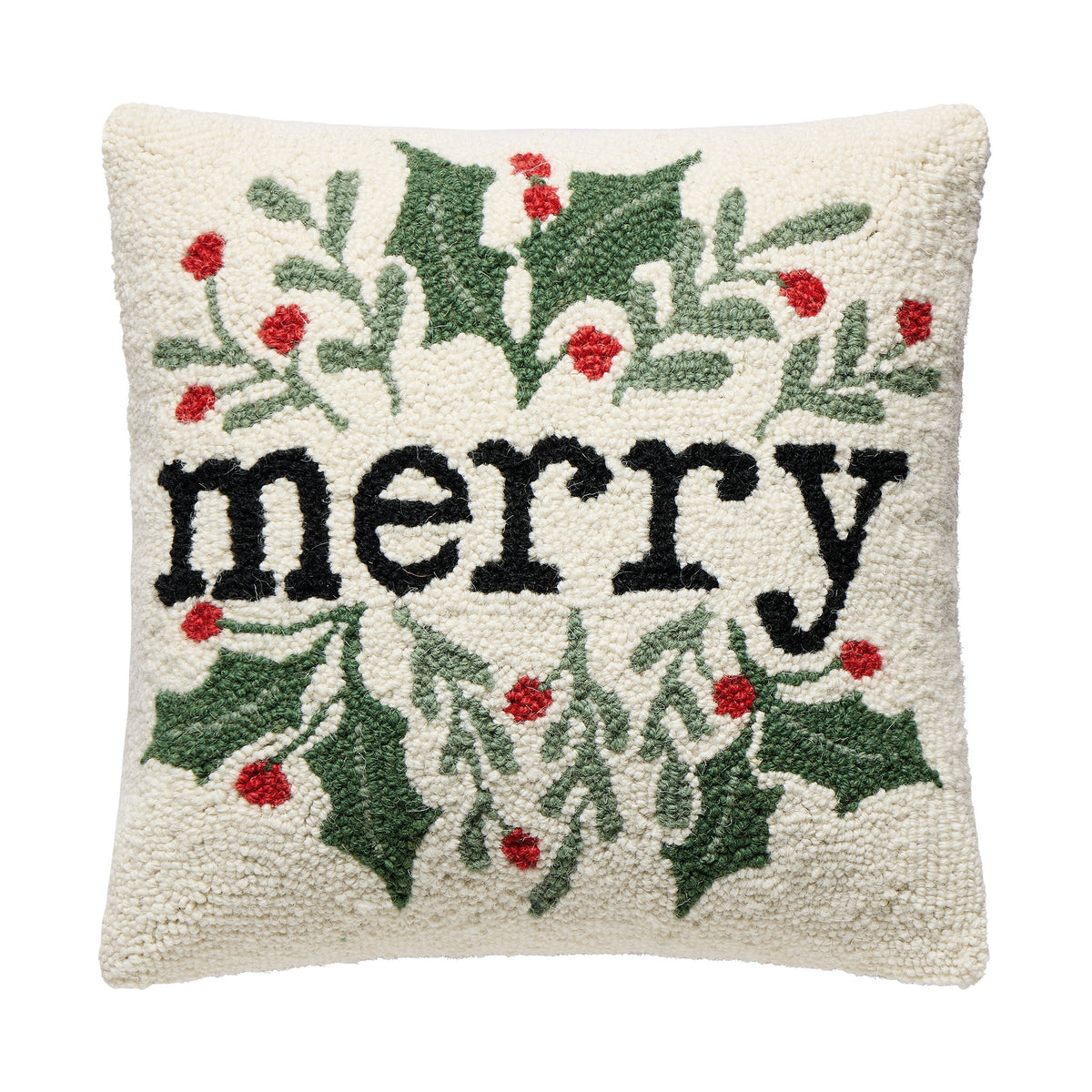 Simple Merry Foliage Hooked Wool Christmas Throw Pillow, 16x16 inch, front view