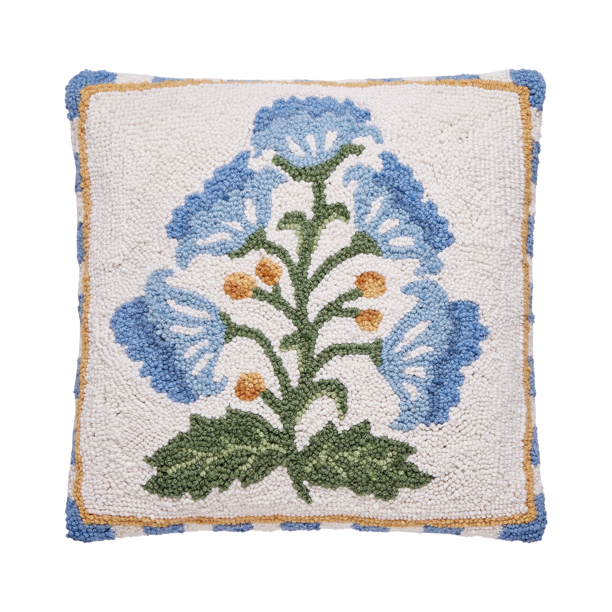 Single Blue Bloom Mughal Flower Hooked Wool Throw Pillow, 16x16 inch, front view