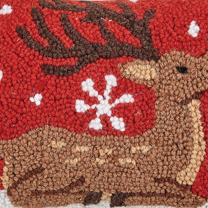 Sitting Reindeer Hooked Wool Christmas Throw Pillow, close-up detail