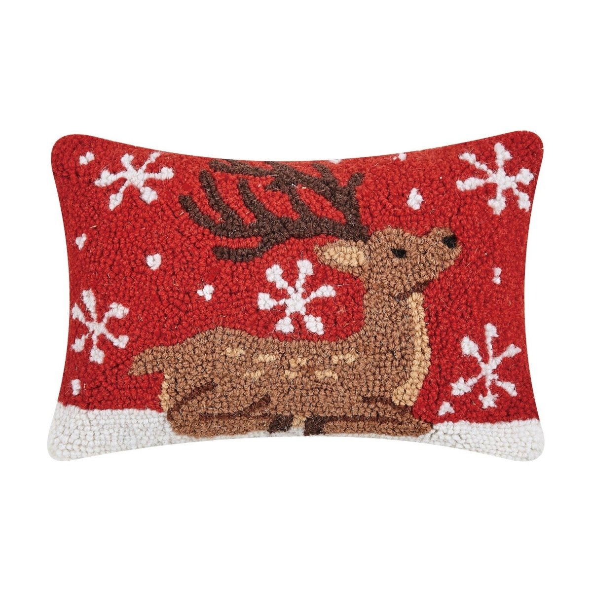 Sitting Reindeer Hooked Wool Christmas Throw Pillow, 8x12 inch, front view