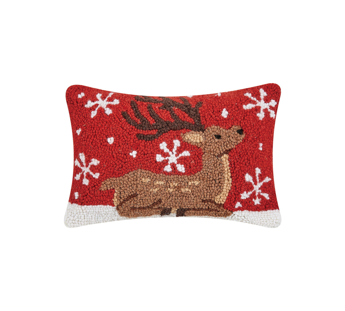 Sitting Reindeer Hooked Wool Christmas Throw Pillow, 8x12 inch, front view