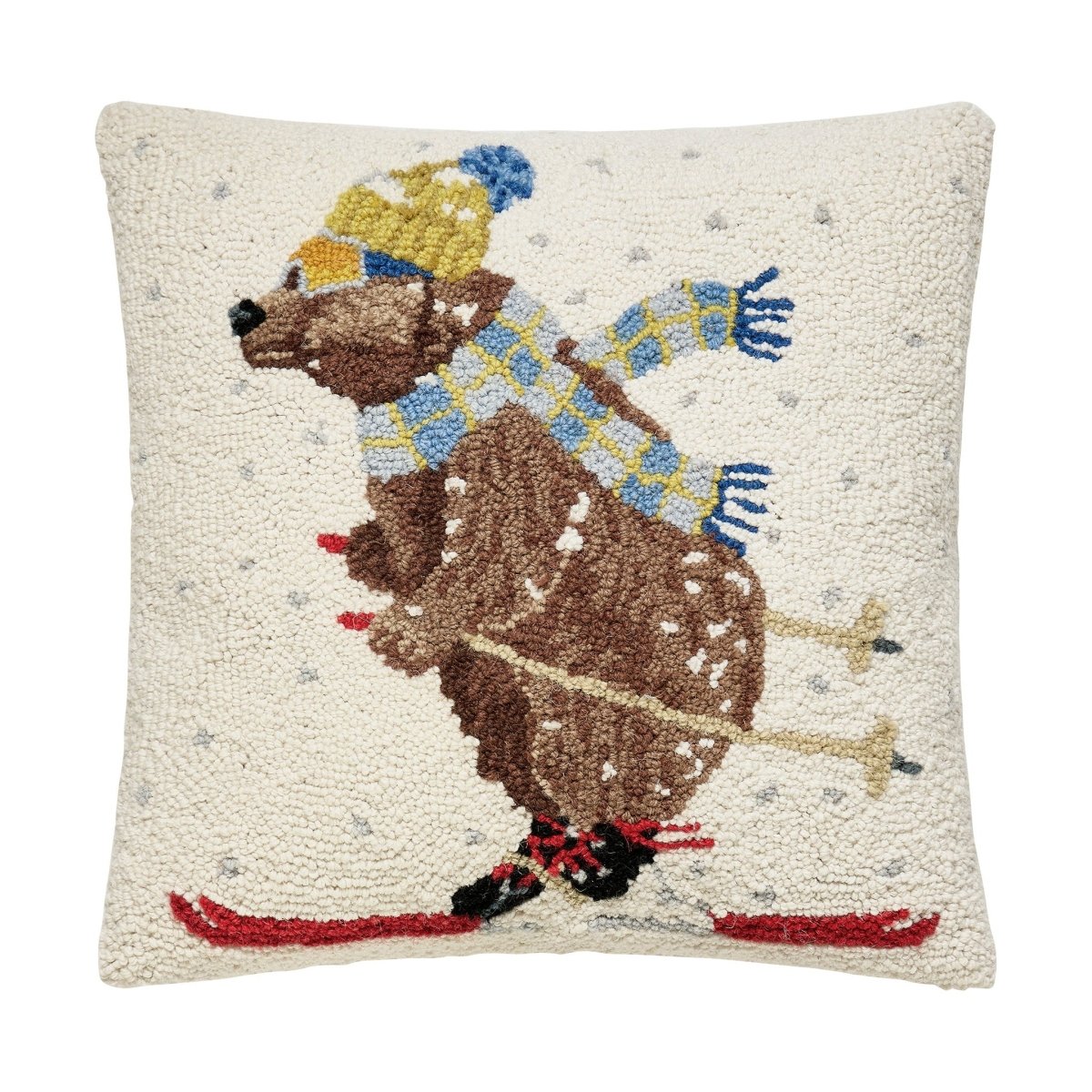 Ski Bear Hooked Wool Christmas Throw Pillow, 18x18 inch, front view