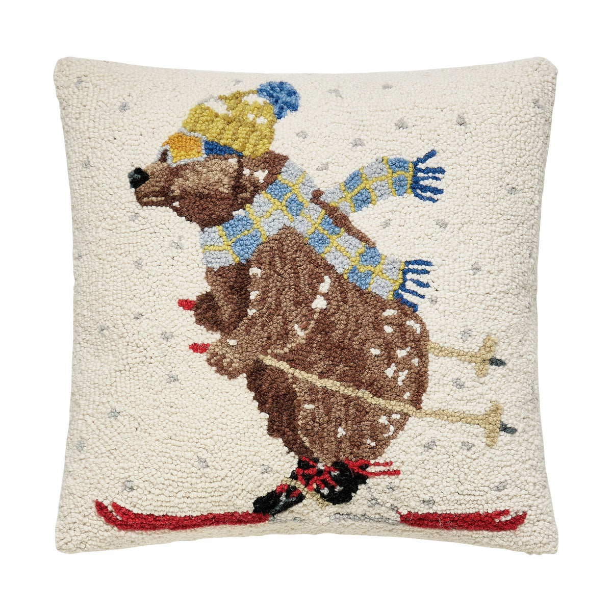 Ski Bear Hooked Wool Christmas Throw Pillow, 18x18 inch, front view