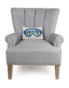 Ski Goggles Hooked Wool Christmas Throw Pillow on an armchair, showing the throw pillow at room scale, 8x12 inch
