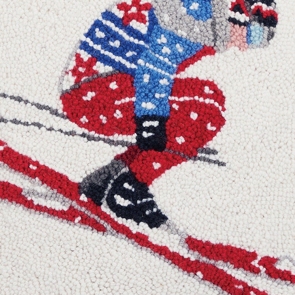 Closeup of Ski Jumper Hooked Wool Throw Pillow showing stitch texture and craftsmanship detail