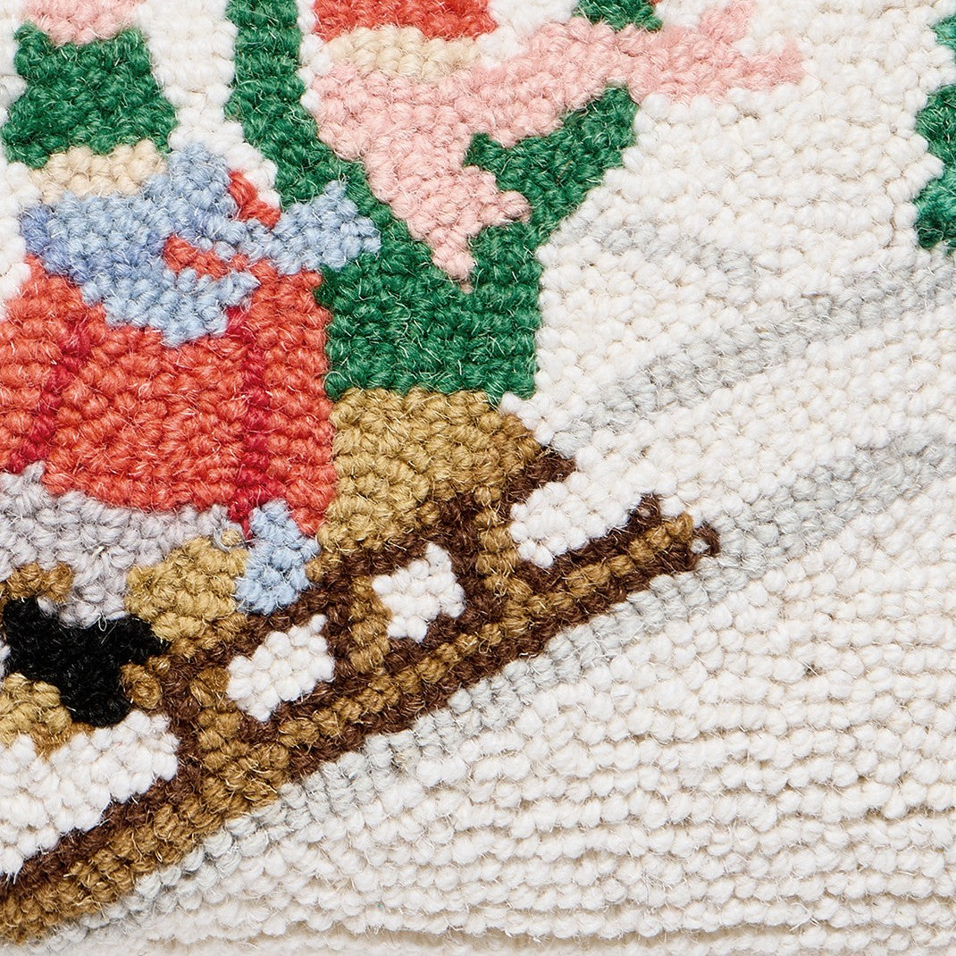Sledding Kids Hooked Wool Christmas Throw Pillow, close-up detail