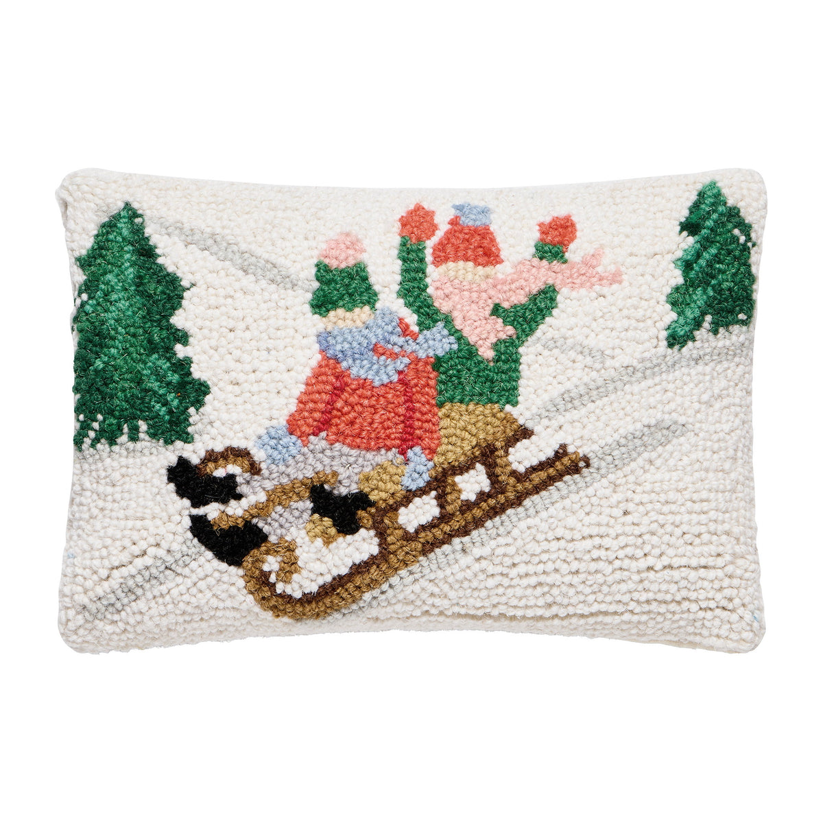 Sledding Kids Hooked Wool Christmas Throw Pillow, 8x12 inch, front view
