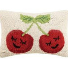 Smiling Face Cherries Hooked Wool Throw Pillow, close-up detail