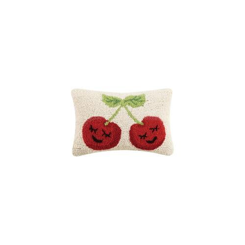 Smiling Face Cherries Hooked Wool Throw Pillow, 8x12 inch, front view