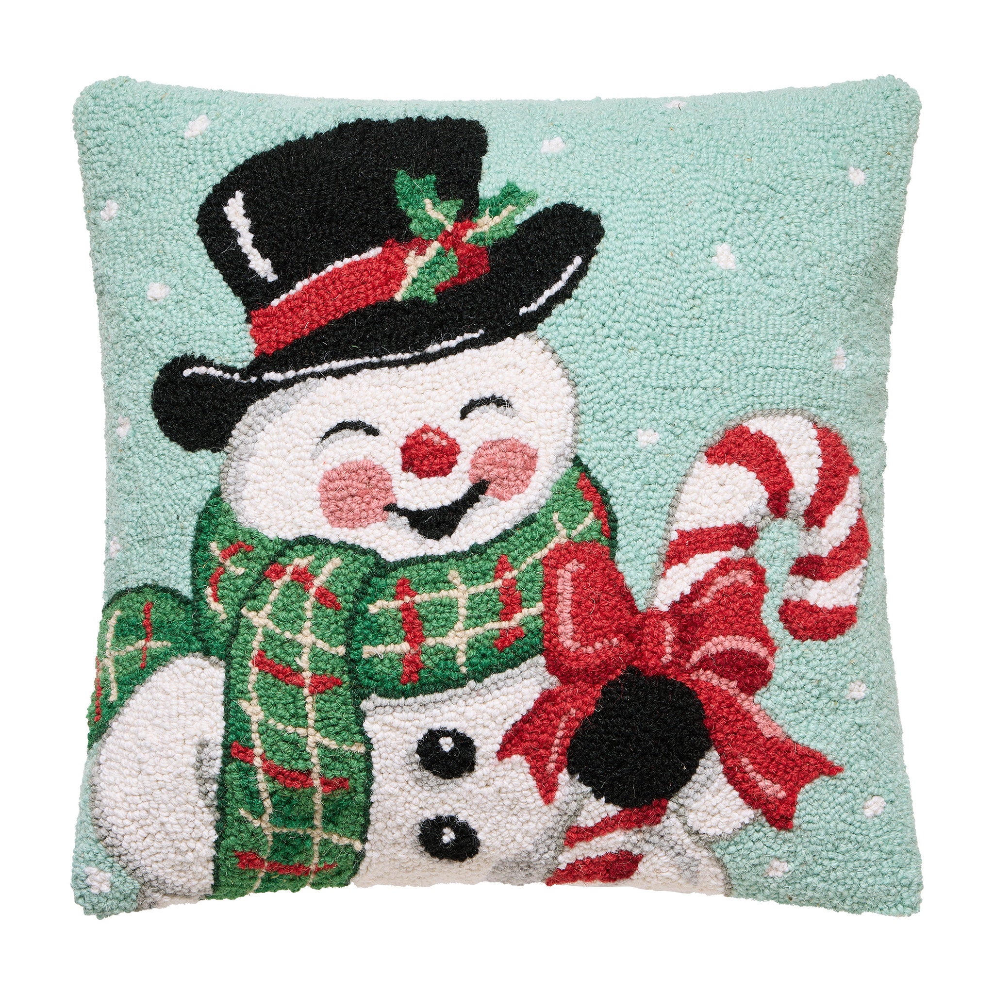 Smiling Snowman Hooked Wool Christmas Throw Pillow, 18x18 inch, front view