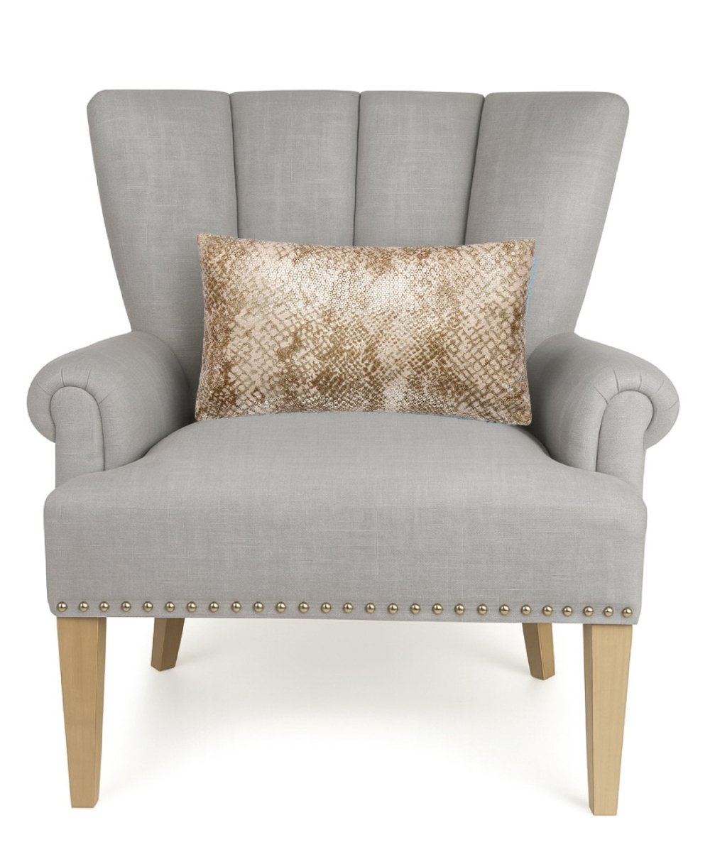 Snake Sequin Printed Throw Pillow, 9x16 inch, a single gold pillow on a gray upholstered chair