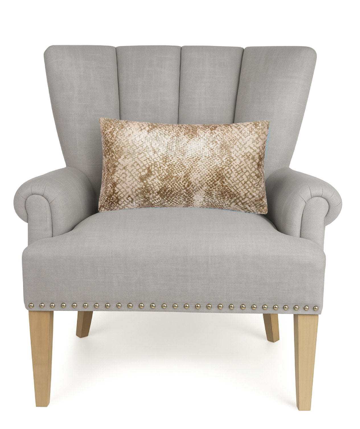 Snake Sequin Printed Throw Pillow, 9x16 inch, a single gold pillow on a gray upholstered chair