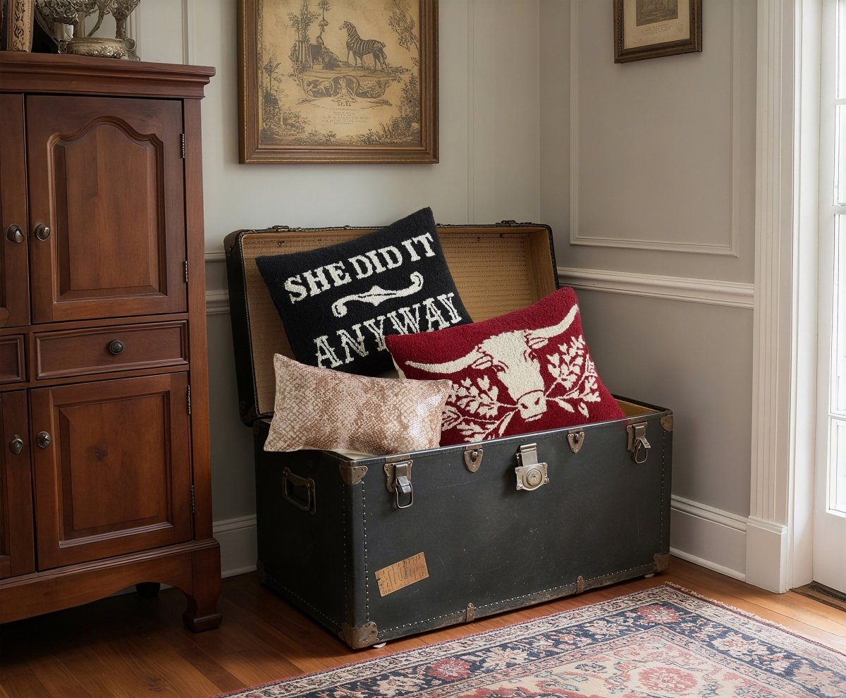 Snake Sequin Printed Throw Pillow, 9x16 inch, three pillows on an old trunk beside an armoire