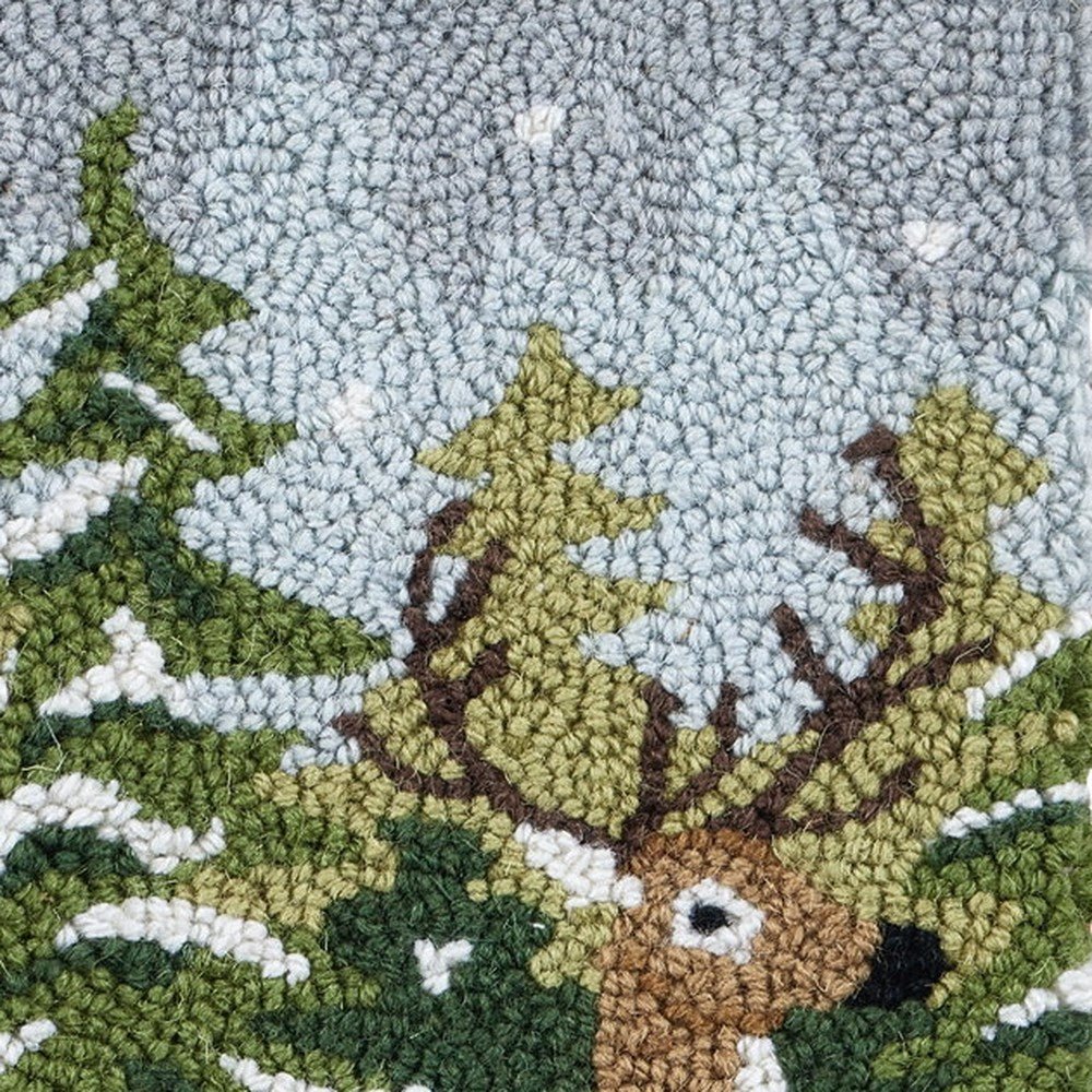 Closeup of Snow Deer Hooked Wool Christmas Stocking showing stitch texture and craftsmanship detail