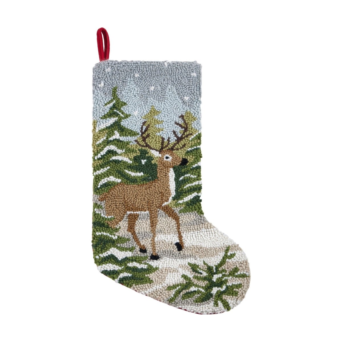 Snow Deer Hooked Wool Christmas Stocking, 12x20 inch, front view