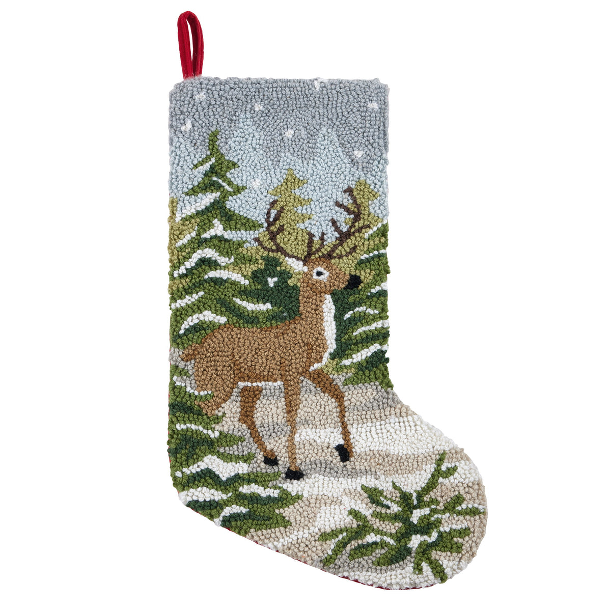 Snow Deer Hooked Wool Christmas Stocking, 12x20 inch, front view