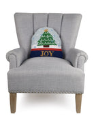 Snow Globe Shaped Hooked Wool Christmas Throw Pillow on an armchair, showing the throw pillow at room scale, 14x14 inch