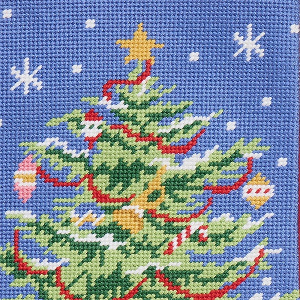 Closeup of Snowfall Christmas Tree Embroidered Needlepoint Stocking showing stitch texture and craftsmanship detail