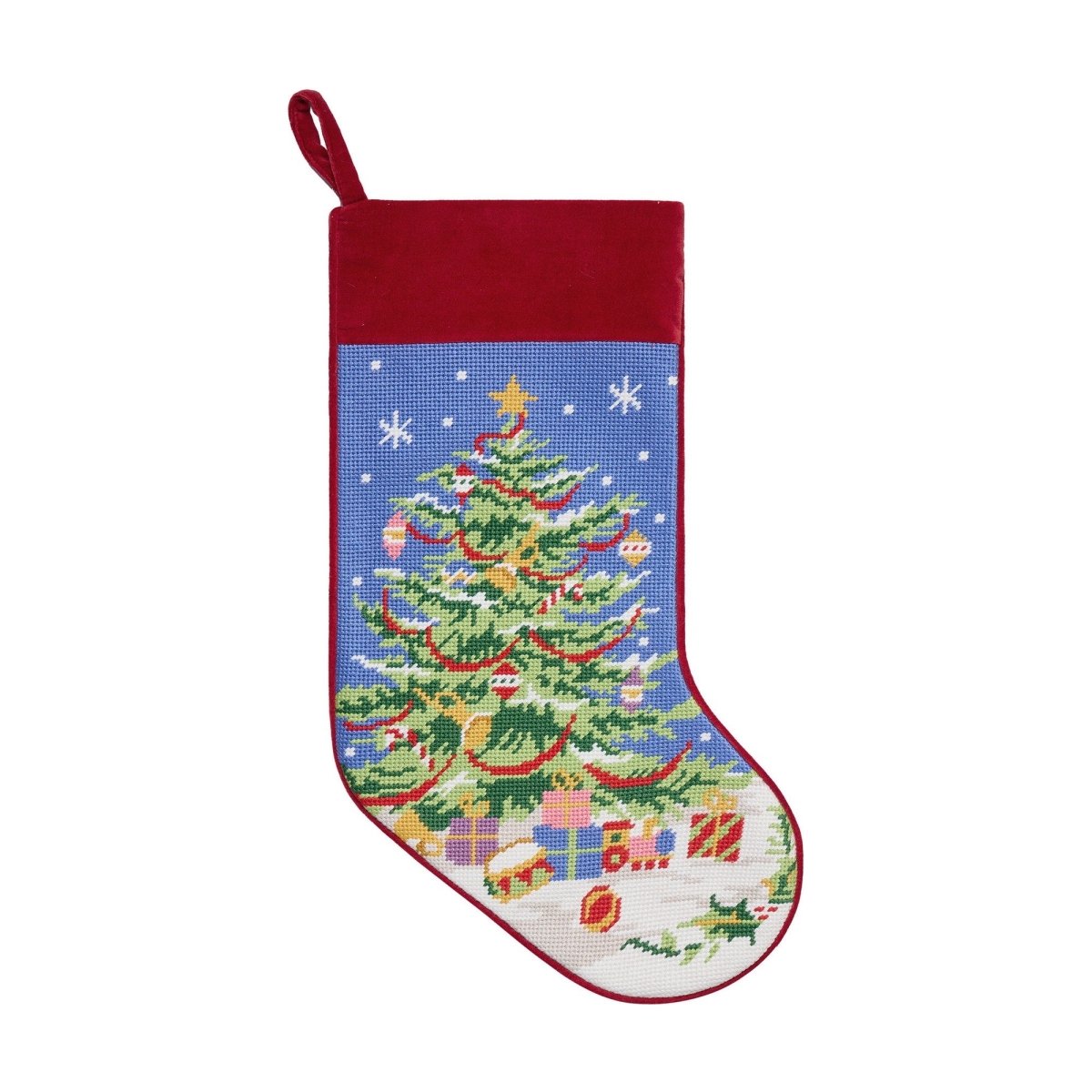 Snowfall Christmas Tree Embroidered Needlepoint Stocking, 11x18 inch, front view
