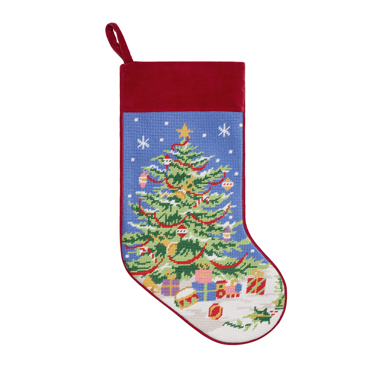 Snowfall Christmas Tree Embroidered Needlepoint Stocking, 11x18 inch, front view