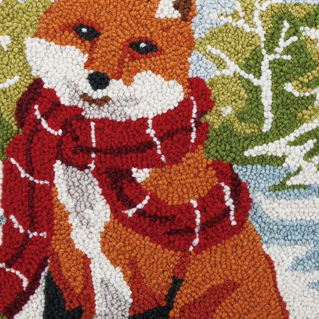 Closeup of Snowfall Fox Hooked Wool Christmas Throw Pillow showing stitch texture and craftsmanship detail