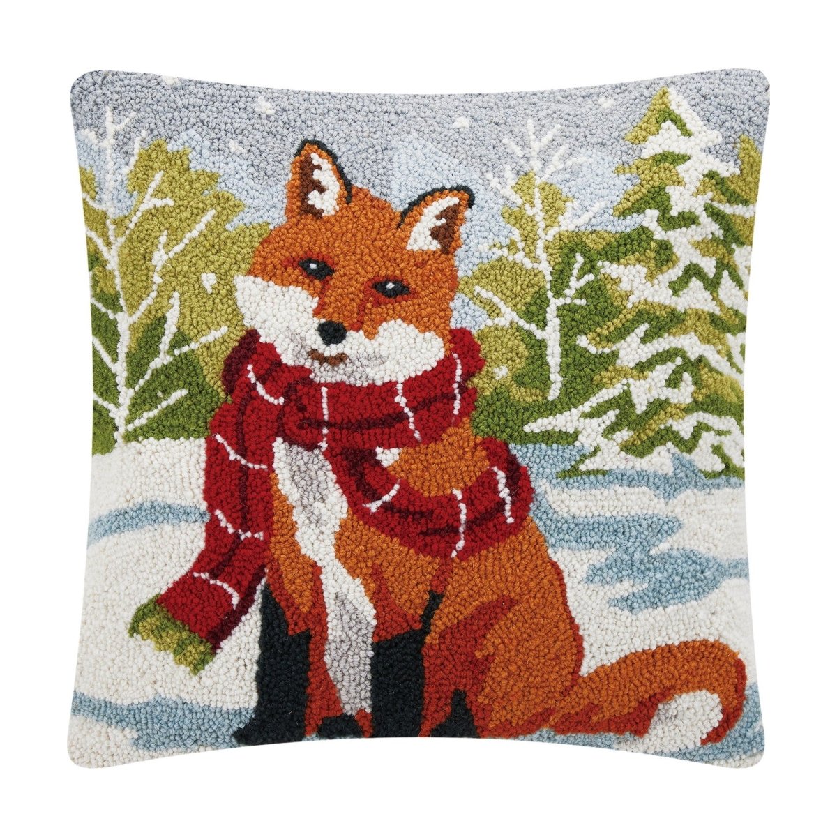 Snowfall Fox Hooked Wool Christmas Throw Pillow, 18x18 inch, front view