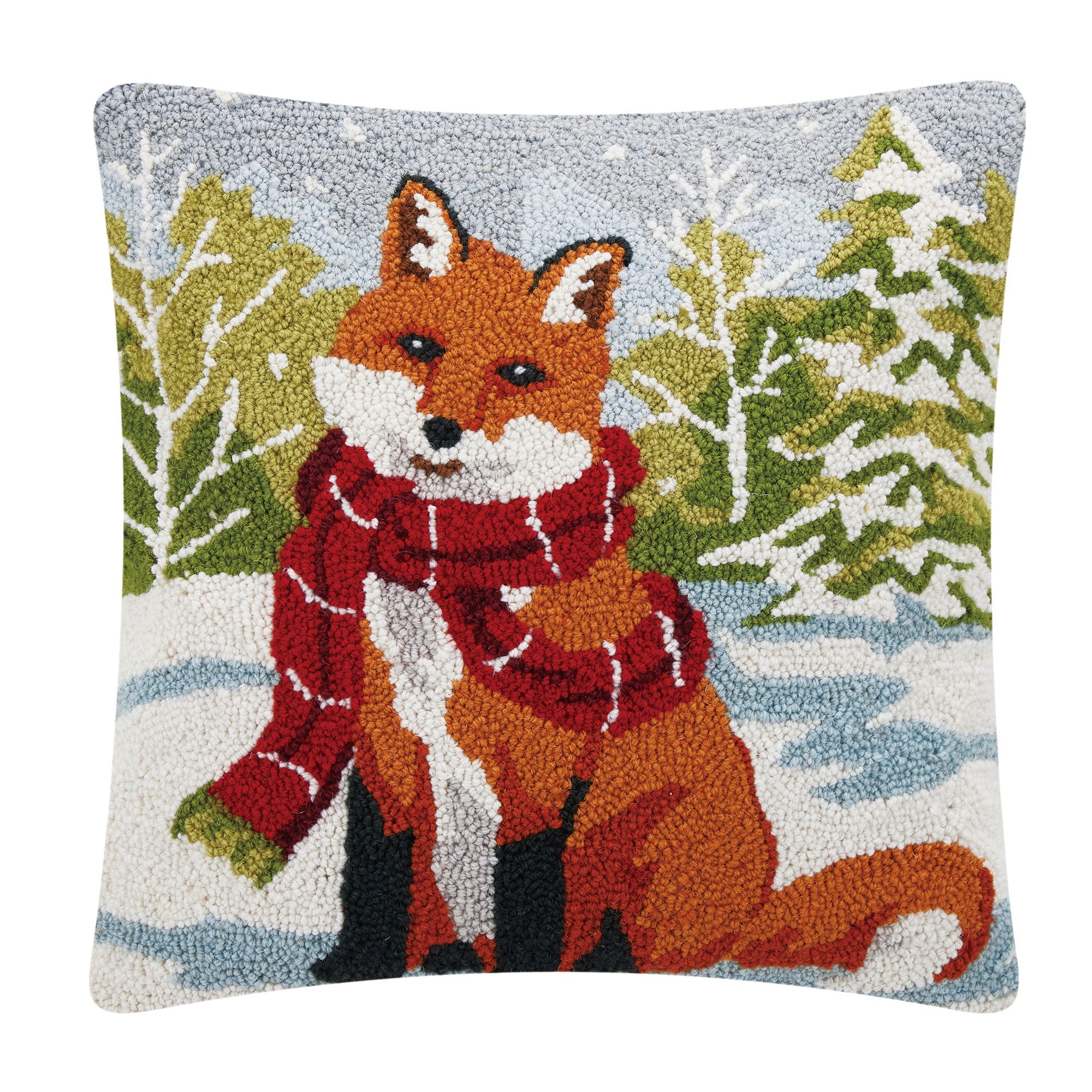 Snowfall Fox Hooked Wool Christmas Throw Pillow, 18x18 inch, front view