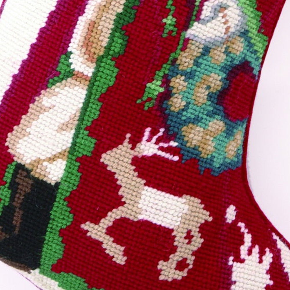 Closeup of Snowflake Santa Wool Needlepoint Christmas Stocking showing stitch texture and craftsmanship detail