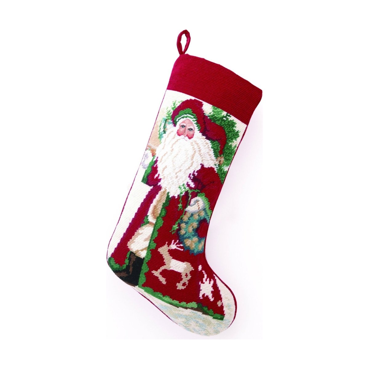 Snowflake Santa Wool Needlepoint Christmas Stocking, 11x18 inch, front view