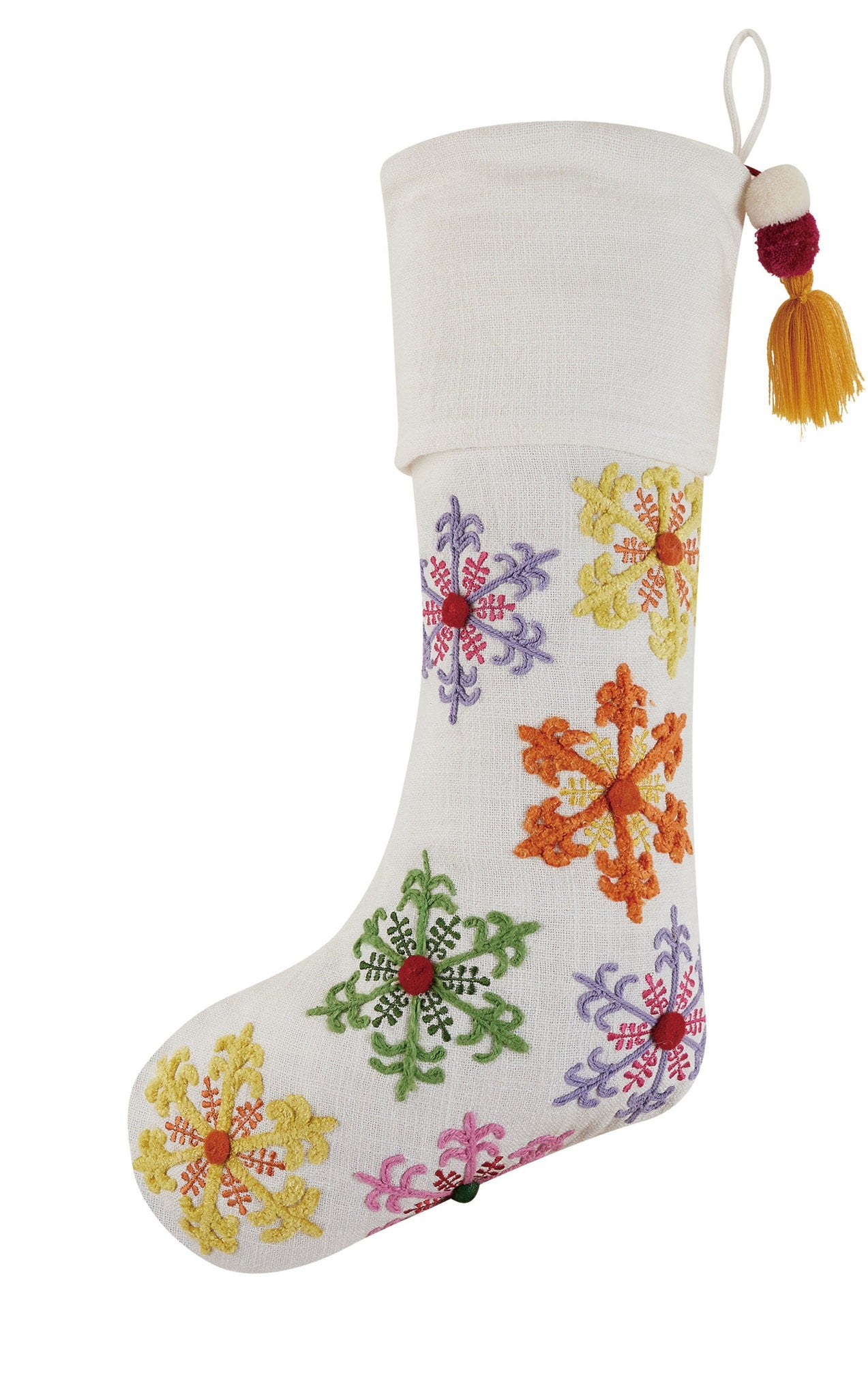 Snowflakes Embroidered Christmas Stocking, 11x20 inch, front view