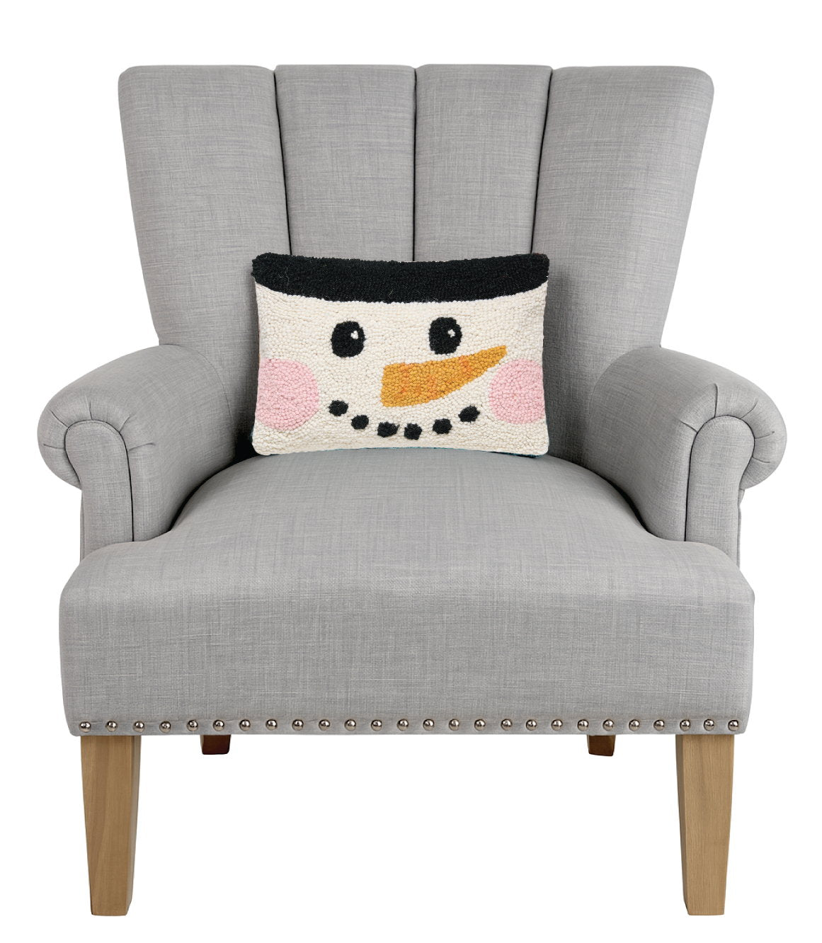 Snowman Face Hooked Wool Christmas Throw Pillow on an armchair, showing the throw pillow at room scale, 8x12 inch