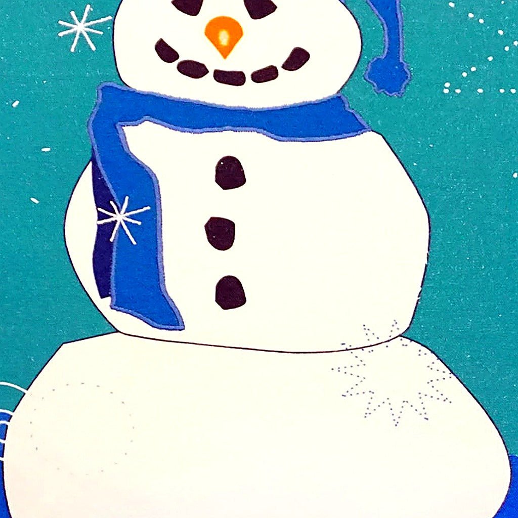 Closeup of Snowman Winter Cardinal needlepoint throw pillow highlighting hand-stitched wool craftsmanship and fabric detail