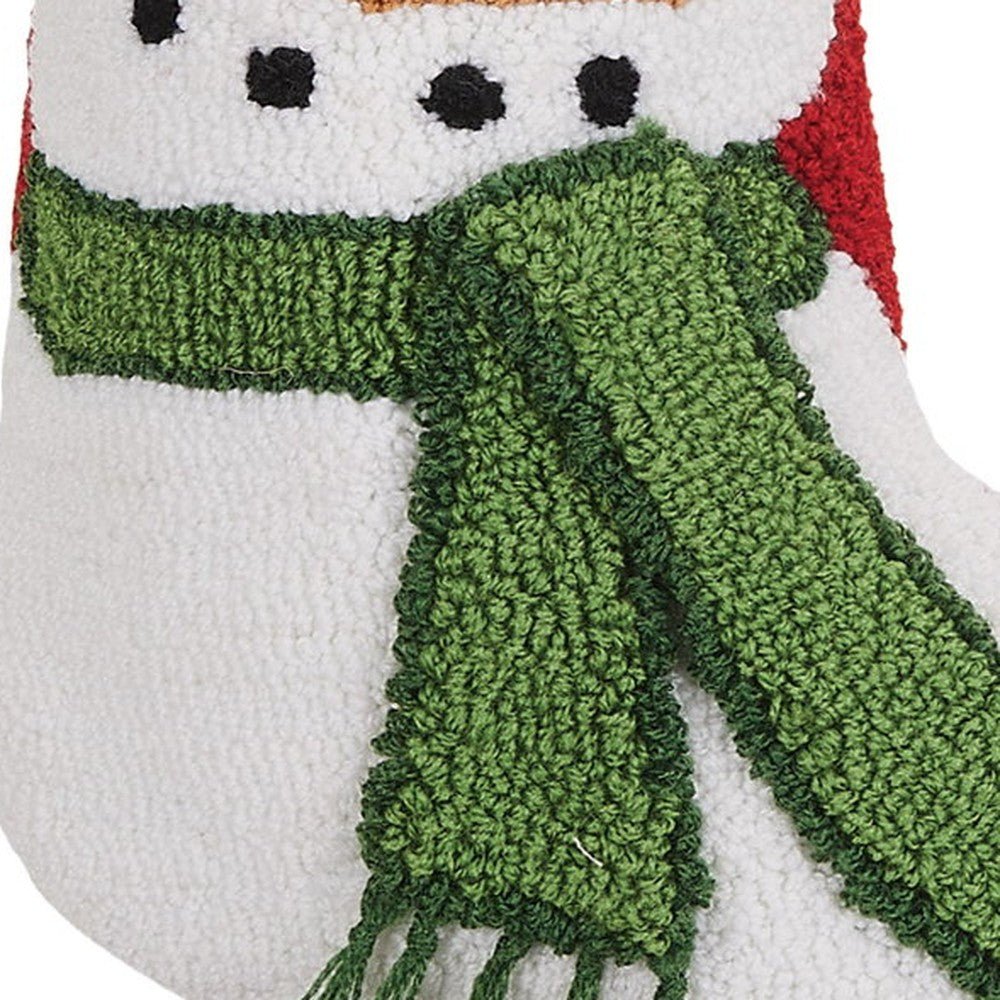 Closeup of Snowman with Pom Hooked Christmas Stocking showing stitch texture and craftsmanship detail
